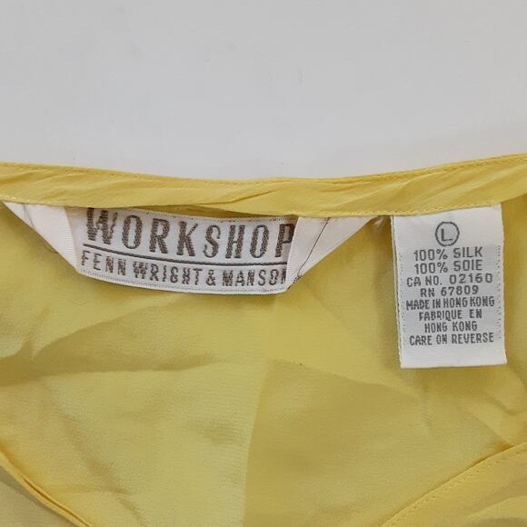 Vintage 80s 100% Silk V Neck Blouse Short Sleeve Yellow Womens L Minimalist - Picture 5 of 9
